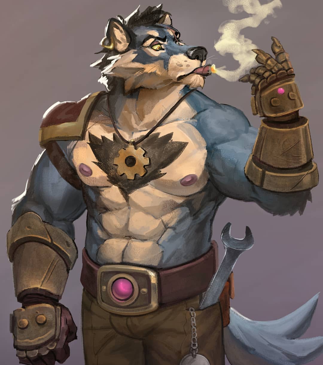 2018 anthro big_muscles canine cigarette clothed clothing digital_media_(artwork) engineer fur gamutfeathers hair hi_res male mammal mechanic muscular muscular_male necktie nipples simple_background smoking solo standing tools topless wolf