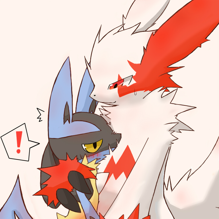 ! 2012 ambiguous_gender anthro black_fur blue_fur blush claws duo fur lucario nintendo pok&eacute;mon pok&eacute;mon_(species) red_eyes red_fur simple_background standing video_games white_background white_fur yellow_eyes zangoose ドロン