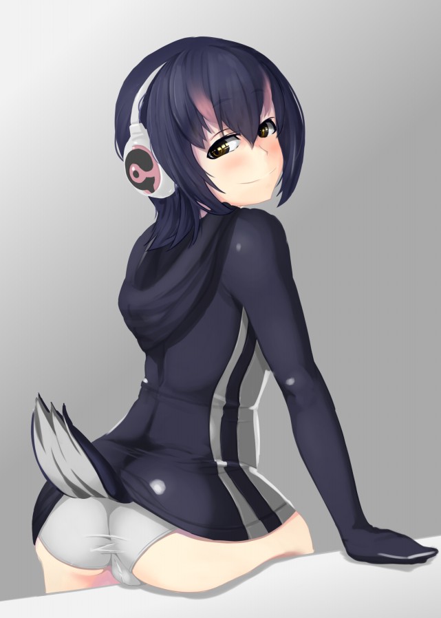 1girl ass black_hair blush brown_eyes closed_mouth eyebrows_visible_through_hair female gradient gradient_background hair_between_eyes headphone hoodie humboldt_penguin_(kemono_friends) kemono_friends looking_at_viewer looking_back multicolored_hair panties penguin_tail pink_panties shiny shiny_clothes sman smile solo tail two-tone_hair underwear