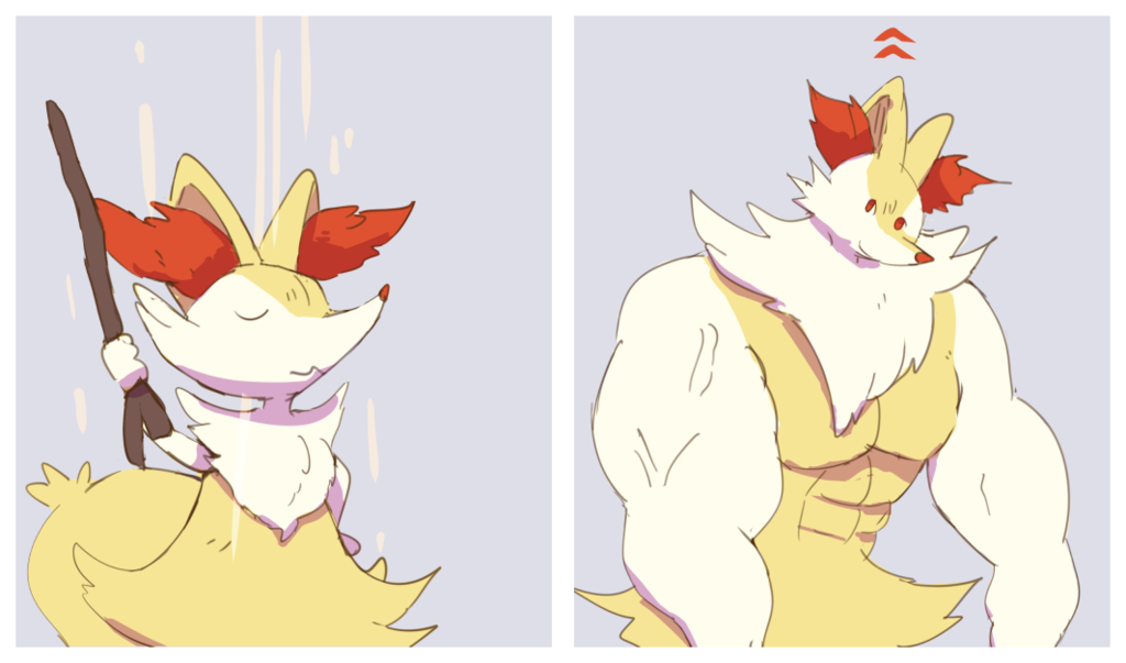 2017 abs ambiguous_gender big_arms boke_(artist) braixen fur inner_ear_fluff looking_at_viewer mane muscular nintendo pok&eacute;mon pok&eacute;mon_(species) red_eyes red_nose stick transformation video_games white_fur yellow_fur