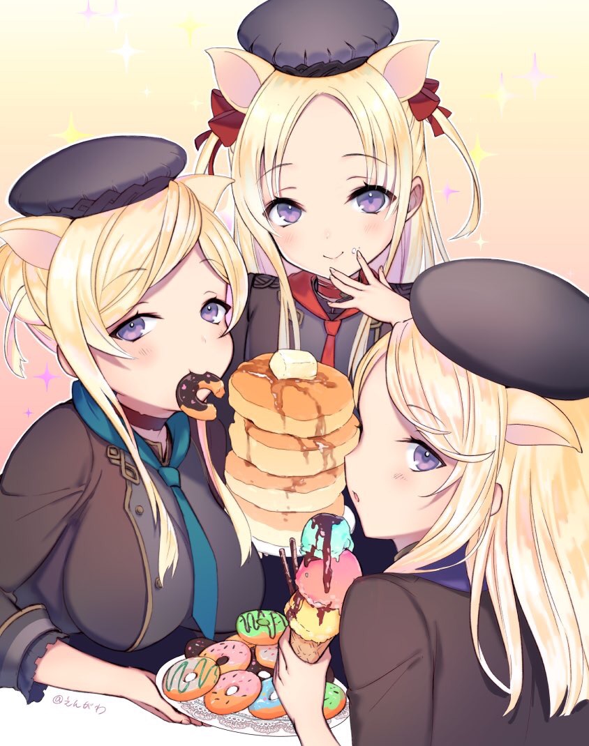 :&gt; animal_ears bad_id bad_pixiv_id beret blonde_hair blue_neckwear breasts butter doughnut eating engawa343 eyebrows_visible_through_hair food food_in_mouth food_on_face gradient gradient_background hair_bun hair_ribbon hat ice_cream ice_cream_cone long_hair looking_at_viewer looking_back loose_necktie medium_breasts multiple_girls necktie pancake pig_ears plate pocky purple_eyes red_neckwear red_ribbon ribbon sidelocks sinoalice smile sparkle syrup three_little_pigs_(sinoalice) tunic twitter_username upper_body