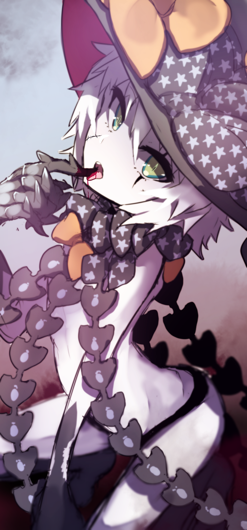 abigail_williams_(fate/grand_order) abigail_williams_(fate/grand_order)_(cosplay) bad_id bad_pixiv_id bangs black_bow black_hat black_panties blood bloody_hands bow cosplay facial_scar fate/grand_order fate_(series) finger_to_tongue green_eyes hair_between_eyes hat hat_bow highres jack_the_ripper_(fate/apocrypha) looking_at_viewer orange_bow pale_skin panties parted_bangs print_bow revealing_clothes scar scar_across_eye scar_on_cheek sidelocks sketch solo star star_print tongue tongue_out topless underwear wada_kazu white_hair witch_hat