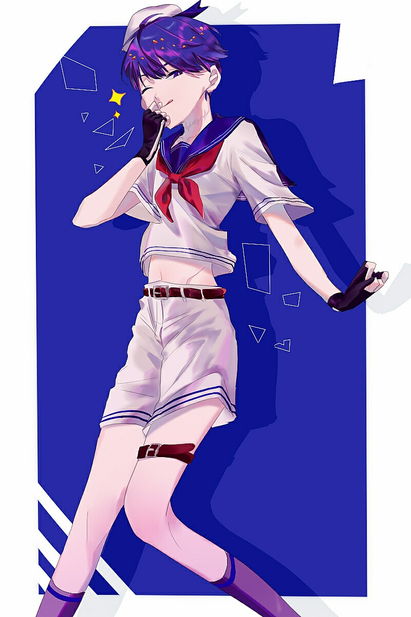alternate_costume androgynous belt blue_eyes blue_hair feet_out_of_frame fingerless_gloves gloves hakokoto hat highres houseki_no_kuni looking_at_viewer navel one_eye_closed phosphophyllite phosphophyllite_(ll) sailor_collar sailor_hat scar short_hair shorts smile solo sparkle spoilers tongue tongue_out