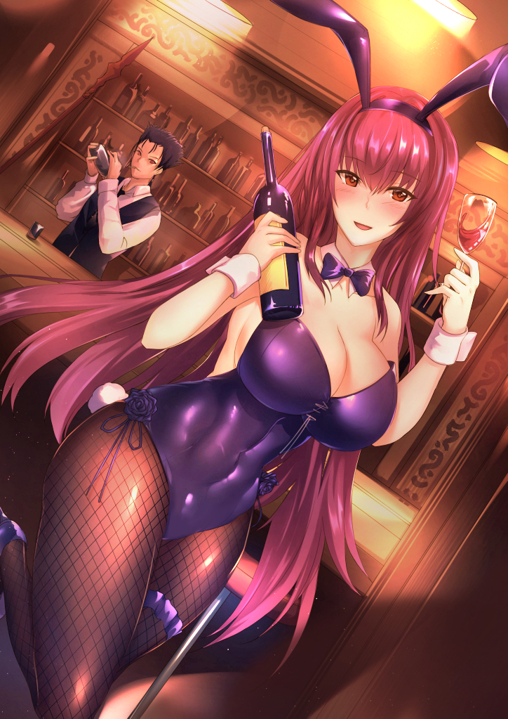 1girl :d alcohol animal_ears antiqq bangs bar bar_stool bare_arms bare_shoulders bartender black_vest bottle breasts brown_legwear bunny_ears bunny_tail bunnysuit ceiling_light cleavage closed_mouth cocktail_shaker collared_shirt commentary covered_navel cup detached_collar drinking_glass dutch_angle eyebrows_visible_through_hair fake_animal_ears fake_tail fate/grand_order fate_(series) fishnet_pantyhose fishnets flower gae_bolg hair_between_eyes hair_strand hands_up holding holding_bottle holding_cup indoors lancer large_breasts leg_garter leg_up leotard light long_hair long_sleeves mouth_hold open_mouth pantyhose pink_hair purple_flower purple_hair purple_leotard purple_rose red_eyes revision rose scathach_(fate)_(all) scathach_(fate/grand_order) shelf shiny shiny_clothes shiny_hair shirt smile standing standing_on_one_leg stool straight_hair strapless strapless_leotard tail very_long_hair vest white_shirt wine wing_collar wrist_cuffs