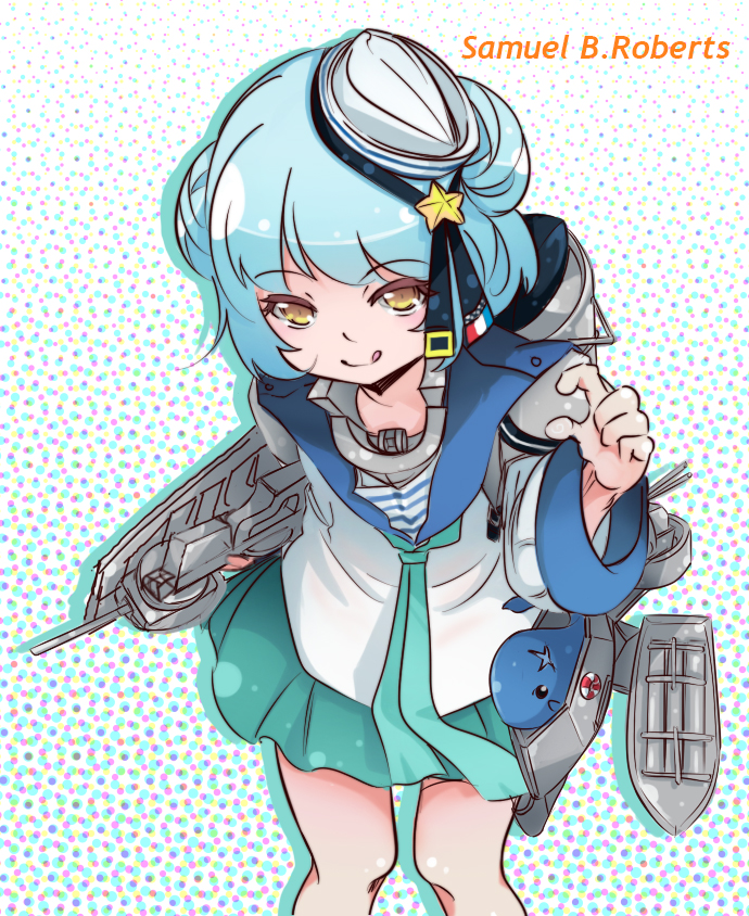 animal aqua_neckwear aqua_skirt bangs blue_hair blue_sailor_collar character_name closed_mouth dixie_cup_hat double_bun eyebrows eyebrows_visible_through_hair eyelashes feet_out_of_frame flat_chest hat hhuy34 horizontal_stripes kantai_collection leaning leaning_forward legs_apart lifebuoy long_sleeves machinery military_hat miniskirt neckerchief pleated_skirt polka_dot polka_dot_background sailor_collar samuel_b._roberts_(kantai_collection) scar school_uniform serafuku shirt skirt smile solo standing star striped tongue tongue_out turret whale white_hat white_shirt yellow_eyes