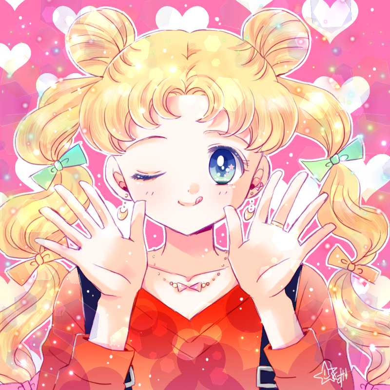 ;q bishoujo_senshi_sailor_moon blonde_hair blue_eyes bow crescent crescent_earrings double_bun earrings green_bow hair_bow heart heart_background hoshikuzu_(milkyway792) jewelry light_particles long_hair looking_at_viewer multi-tied_hair necklace one_eye_closed pink_background red_shirt ring shirt signature smile solo star star_in_eye symbol_in_eye tongue tongue_out tsukino_usagi twintails upper_body yellow_bow