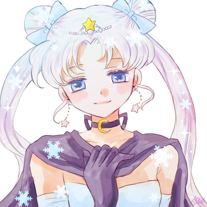 bishoujo_senshi_sailor_moon black_cape black_gloves black_neckwear blue_bow blue_eyes bow cape choker closed_mouth double_bun earrings gloves hair_bow hoshikuzu_(milkyway792) jewelry long_hair looking_at_viewer simple_background smile snowflakes solo star star_earrings tsukino_usagi twintails white_background white_hair
