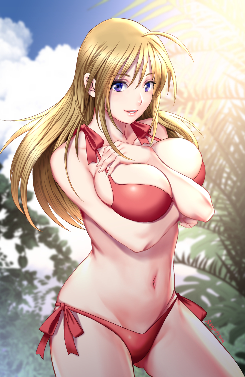 1girl ahoge between_breasts bikini blonde_hair breasts highres large_breasts lips long_hair original purple_eyes red_bikini saigadou side-tie_bikini smile solo swimsuit