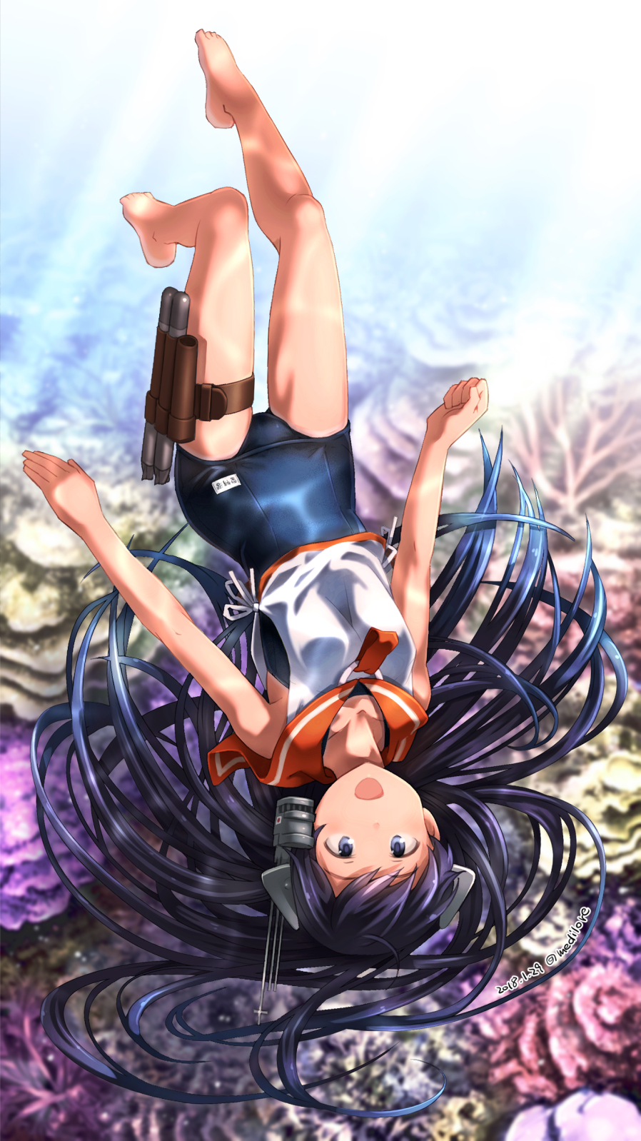 :d barefoot black_eyes black_hair coral dated floating_hair freediving full_body headgear highres i-400_(kantai_collection) kantai_collection legs long_hair looking_at_viewer name_tag open_mouth orange_sailor_collar sailor_collar sailor_shirt sakura_(medilore) school_swimsuit shirt sleeveless sleeveless_shirt smile solo swimsuit swimsuit_under_clothes twitter_username underwater upside-down