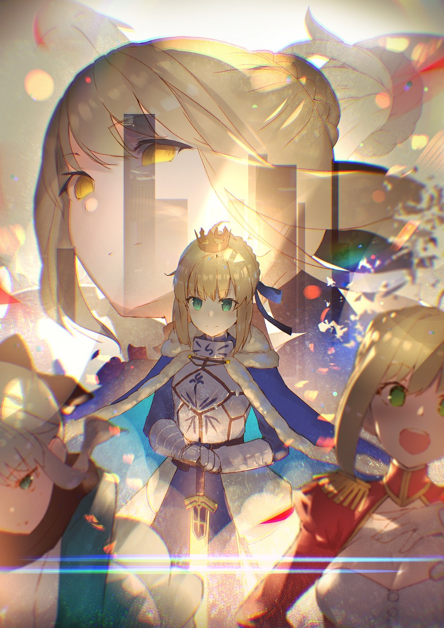 :d armor armored_dress artoria_pendragon_(all) bangs black_scarf blonde_hair blue_bow blue_cloak blue_dress bow braid breasts cleavage closed_mouth commentary crown dress enj! epaulettes eyebrows_visible_through_hair fate/apocrypha fate/extra fate/grand_order fate/stay_night fate_(series) fur-trimmed_cloak fur_trim gauntlets green_eyes hair_bow hair_bun hands_on_hilt haori highres japanese_clothes juliet_sleeves kimono koha-ace large_breasts long_sleeves mordred_(fate) mordred_(fate)_(all) multiple_girls nero_claudius_(fate) nero_claudius_(fate)_(all) okita_souji_(fate) okita_souji_(fate)_(all) open_mouth planted_sword planted_weapon puffy_sleeves red_dress red_scrunchie saber saber_alter scarf scrunchie smile sword upper_teeth weapon white_kimono yellow_eyes