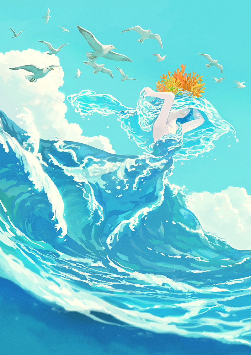 animal armpits arms_up bird blue_eyes blue_nails cloud cloudy_sky commentary_request coral day dress fingernails hat liquid_clothes looking_at_viewer monaka_(siromona) nail_polish ocean original outdoors seagull sky sleeveless sleeveless_dress smile solo_focus water waves