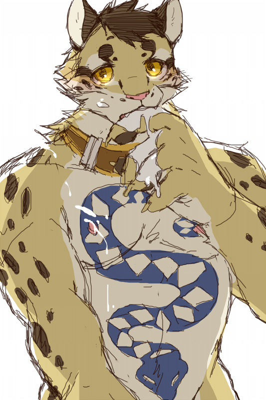 amber_eyes ambiguous_fluids anthro blush feline fur leopard likulau male mammal nekojishi nipples simple_background solo tattoo white_background