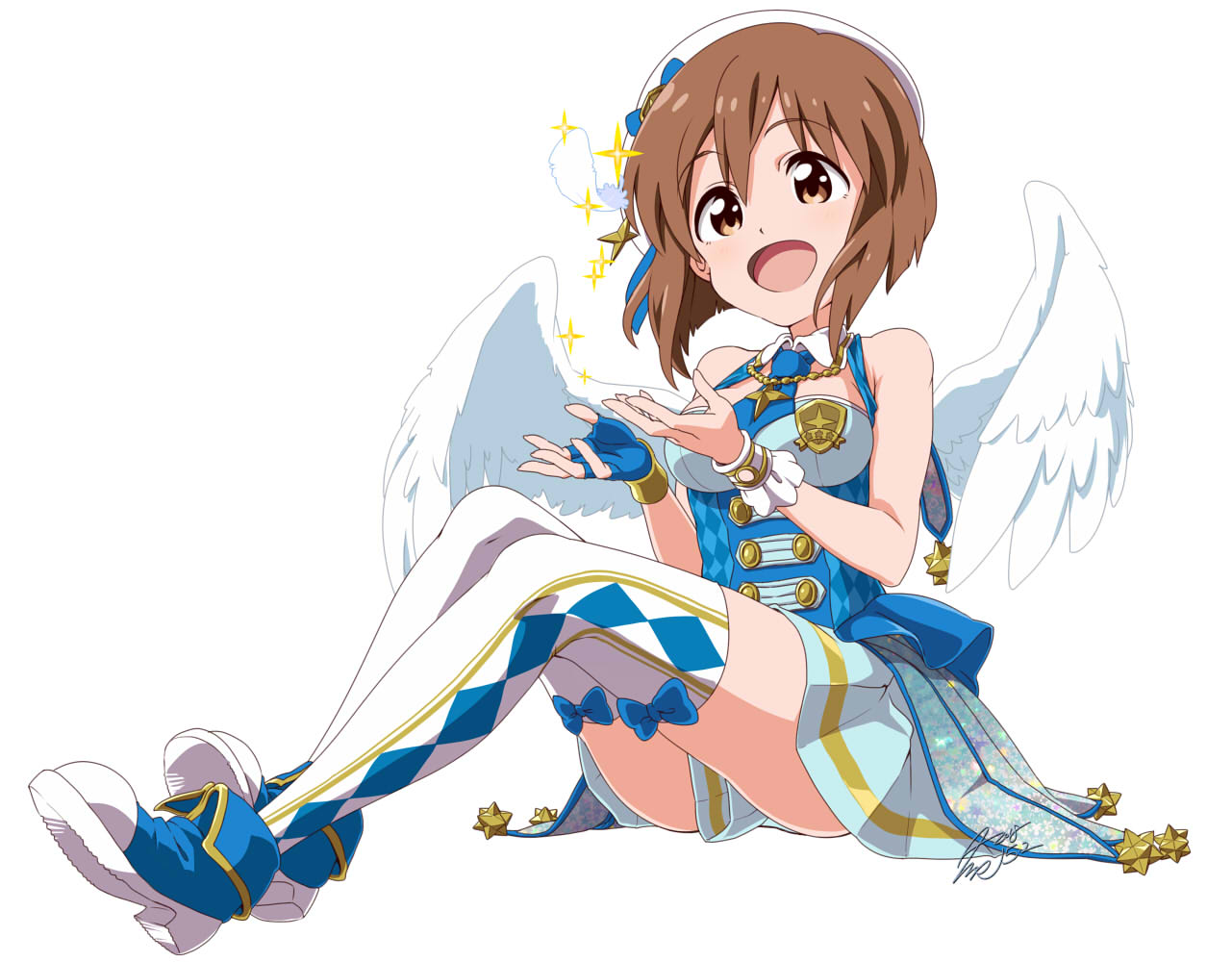 :d angel_wings argyle argyle_legwear badge bangs beret blue_bow blue_gloves blue_neckwear blue_shirt bow bow_legwear breasts brown_eyes brown_hair cupping_hands detached_collar double-breasted eyebrows_visible_through_hair feathers fingerless_gloves gloves hagiwara_yukiho hat hat_bow idolmaster idolmaster_(classic) idolmaster_platinum_stars jewelry medium_breasts necklace necktie open_mouth overskirt shirt shoes short_hair signature simple_background single_fingerless_glove single_glove single_wrist_cuff sitting skirt sleeveless sleeveless_shirt smile solo sparkle takeya_yuuki thighhighs twinkle_star_(idolmaster) white_background white_feathers white_hat white_wings wings wrist_cuffs
