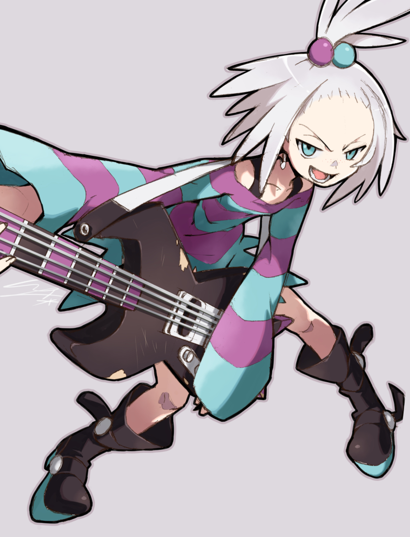 :d black_footwear blue_dress blue_eyes boots collarbone dress earrings electric_guitar eyebrows fingernails flat_chest forehead freckles guitar gym_leader hair_bobbles hair_ornament half-closed_eyes holding holding_instrument homika_(pokemon) hoop_earrings instrument io_naomichi jewelry legs_apart long_sleeves multicolored multicolored_clothes multicolored_dress open_mouth pigeon-toed pokemon pokemon_(game) pokemon_bw2 purple_dress short_hair silver_hair smile solo standing striped striped_dress teeth tongue topknot tsurime two-tone_dress v-shaped_eyebrows