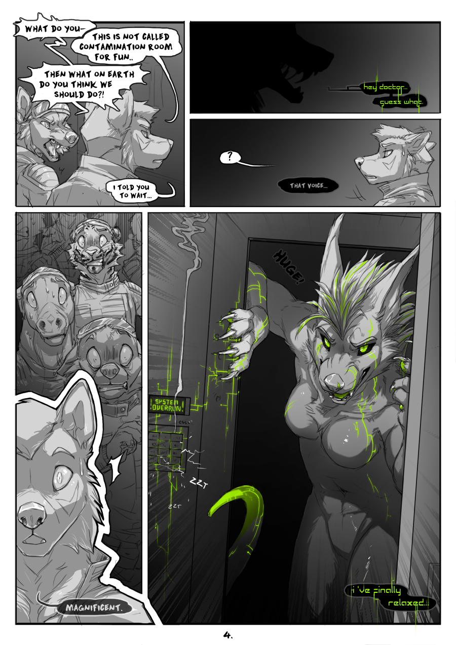 anthro canine clothed clothing comic cybernetics cyborg dialogue english_text equine feline female fuckie fuckie_(character) inside machine male mammal monochrome science text