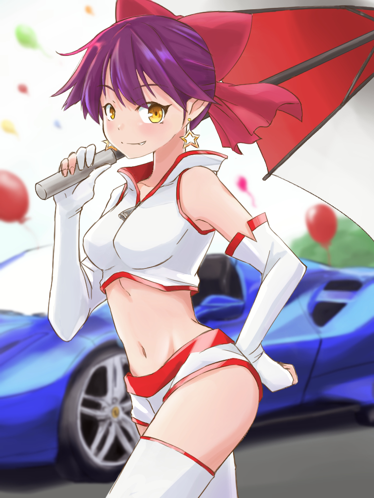 alternate_costume balloon bare_shoulders blush bow breasts car choker closed_mouth cropped_jacket earrings elbow_gloves fang fang_out ferrari ferrari_488 from_side gegege_no_kitarou gloves ground_vehicle hair_bow hand_on_hip holding holding_umbrella jacket jewelry looking_at_viewer medium_breasts motor_vehicle navel nekomusume nekomusume_(gegege_no_kitarou_6) outdoors partly_fingerless_gloves pointy_ears purple_hair race_queen red_bow short_hair short_shorts shorts solo star star_earrings stomach thighhighs umbrella white_gloves white_jacket white_legwear white_shorts wind yellow_eyes yuuka_(a0240765) zipper