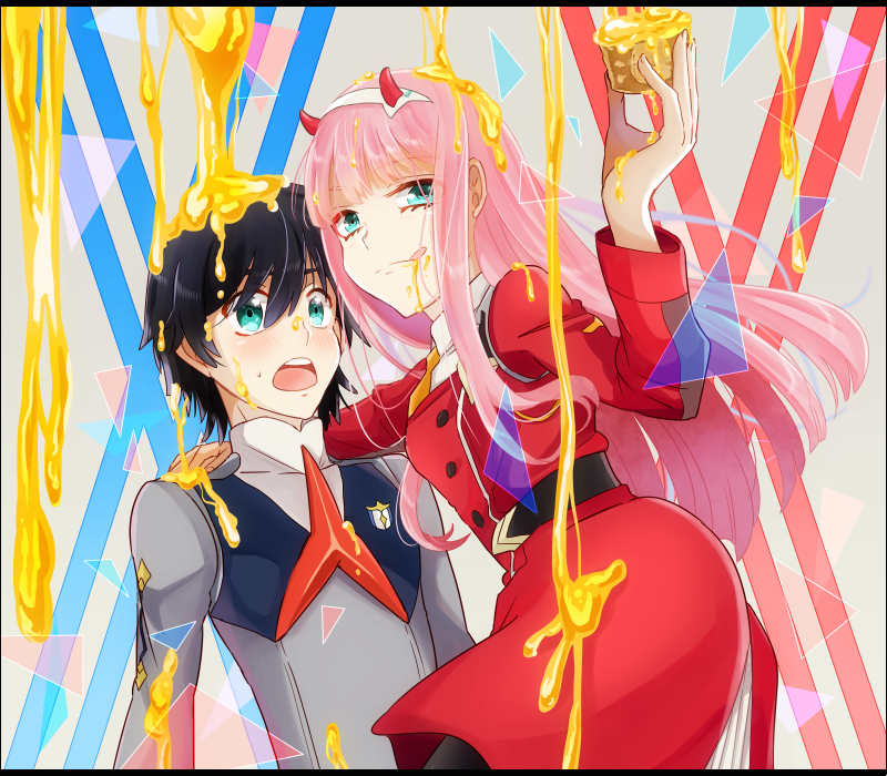 1girl black_hair black_legwear blue_eyes commentary_request darling_in_the_franxx food green_eyes hairband hand_on_another's_shoulder hiro_(darling_in_the_franxx) holding holding_food honey horns licking_lips long_hair military military_uniform necktie oni_horns orange_neckwear pantyhose pink_hair red_neckwear temaroppu_(ppp_10cc) tongue tongue_out uniform white_hairband zero_two_(darling_in_the_franxx)