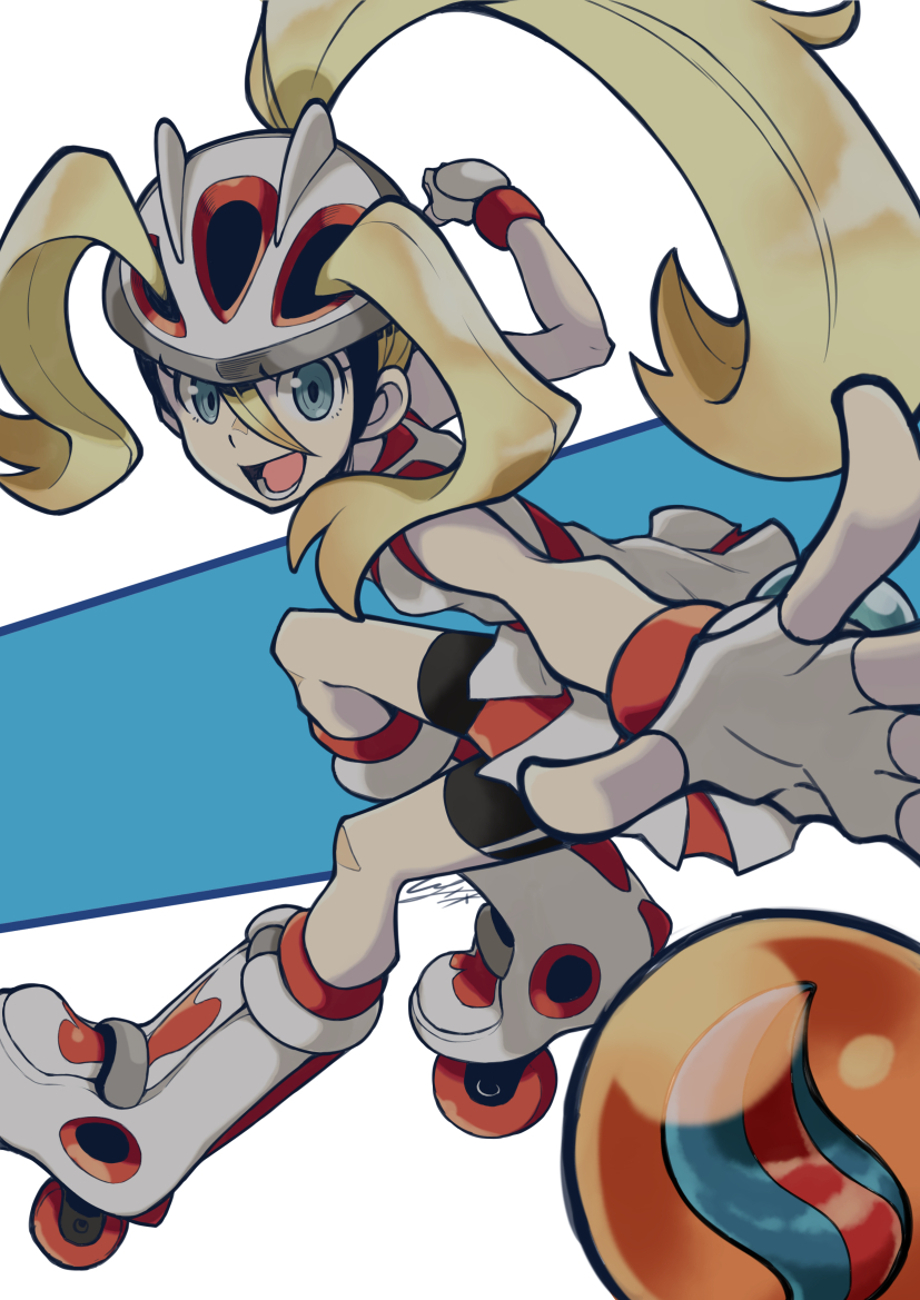 :d bandaid bandaid_on_knee bare_arms bare_shoulders bent_over bicycle_helmet bike_shorts black_shorts blonde_hair blue_eyes boots breasts dress fingerless_gloves from_side gloves gym_leader helmet high_ponytail io_naomichi koruni_(pokemon) leaning_forward legs_apart long_hair looking_at_viewer mega_stone open_mouth pleated_dress pokemon pokemon_(game) pokemon_xy ponytail roller_skates short_dress shorts skates sleeveless sleeveless_dress small_breasts smile solo teeth tongue white_dress white_footwear white_gloves white_helmet