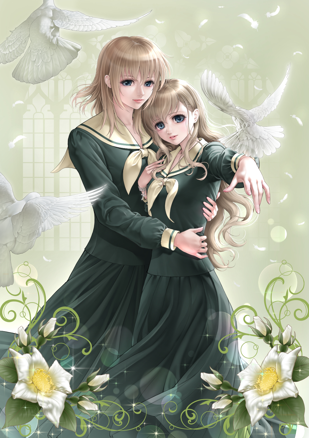 animal bird blonde_hair blue_eyes feathered_wings flower green green_background green_serafuku highres holding hug light_smile lips long_hair long_skirt long_sleeves maria-sama_ga_miteru multiple_girls nijigin outstretched_arm outstretched_hand parted_lips pigeon puffy_long_sleeves puffy_sleeves rosary rose satou_sei school_uniform serafuku skirt sparkle stained_glass toudou_shimako white_bird white_feathers white_flower white_rose wings yuri