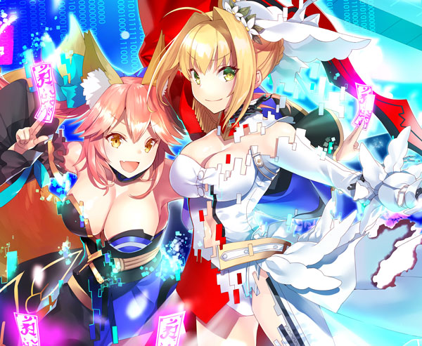 :d aestus_estus ahoge animal_ears bare_shoulders between_fingers blonde_hair blue_kimono blush breasts cleavage closed_mouth commentary_request detached_collar detached_sleeves digital_dissolve fang fate/extra fate_(series) fox_ears fox_girl fox_tail gloves hair_intakes holding holding_sword holding_weapon japanese_clothes kagachi_saku kimono large_breasts leotard long_sleeves multiple_girls navel nero_claudius_(bride)_(fate) nero_claudius_(fate)_(all) ofuda open_mouth partial_commentary pink_hair sidelocks smile strapless sword tail tamamo_(fate)_(all) tamamo_no_mae_(fate) veil weapon white_collar white_gloves white_leotard