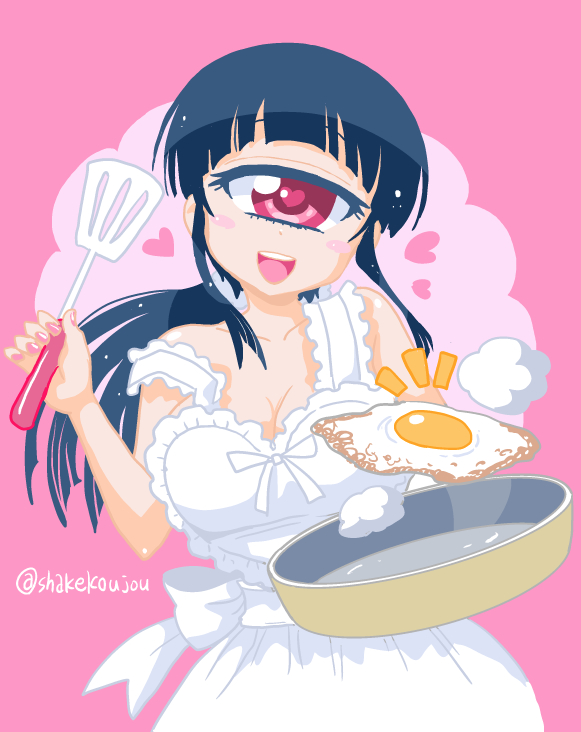 :d apron bangs blue_hair blunt_bangs blush_stickers cyclops fried_egg frying_pan head_tilt heart heart-shaped_pupils hitomi_sensei_no_hokenshitsu holding long_hair looking_at_viewer manaka_hitomi naked_apron notice_lines one-eyed open_mouth pink_background pink_eyes round_teeth shake-o simple_background smile solo spatula symbol-shaped_pupils teeth twitter_username white_apron