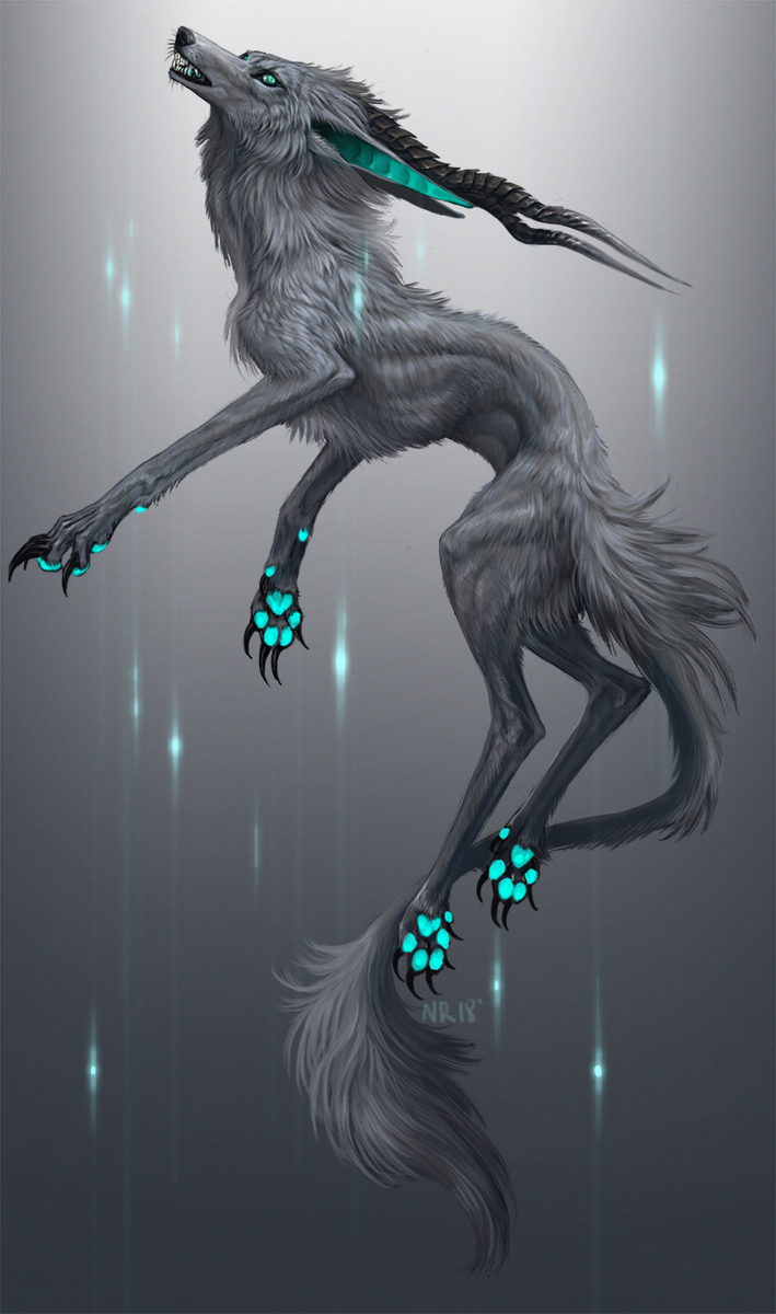 2018 4_toes ambiguous_gender black_nose blue_eyes canine digital_media_(artwork) feral fur horn hybrid mammal open_mouth pawpads solo tatchit teeth toes tongue white_fur