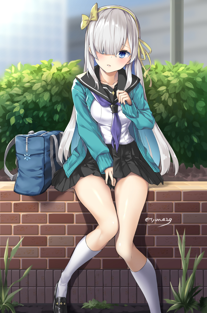 anastasia_(fate/grand_order) bag black_footwear black_sailor_collar black_skirt blue_eyes blue_jacket bow brick_wall commentary_request contemporary day fate/grand_order fate_(series) hair_bow hair_over_one_eye hair_ribbon hairband jacket kneehighs loafers long_hair long_sleeves neckerchief open_clothes open_jacket outdoors parted_lips pleated_skirt purple_neckwear ribbon sailor_collar school_bag school_uniform serafuku shirt shoes signature silver_hair sitting skirt sleeves_past_wrists solo twitter_username tyone very_long_hair white_legwear white_shirt yellow_bow yellow_hairband yellow_ribbon