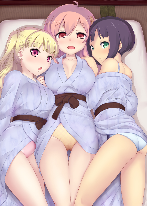 ahoge araki_rena bangs bath_yukata bathrobe black_hair blonde_hair blunt_bangs bra_strap breasts cleavage eyebrows_visible_through_hair green_eyes hair_ornament japanese_clothes kimono kuase large_breasts long_hair looking_at_viewer lying multiple_girls nishizono_honoka off_shoulder on_back on_side open_mouth panties pink_hair red_eyes short_hair tokyo_7th_sisters two_side_up uesugi_u_kyouko underwear yukata