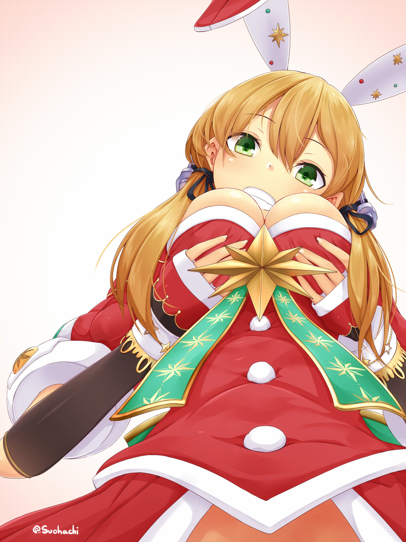 alternate_costume anchor_hair_ornament animal_ears bad_id bad_pixiv_id bangs blonde_hair blush breasts bunny_ears christmas commentary_request elbow_gloves fingerless_gloves from_below gloves grabbing_own_breast gradient gradient_background green_eyes hair_between_eyes hair_ornament kantai_collection long_hair long_sleeves looking_at_viewer parted_lips prinz_eugen_(kantai_collection) santa_costume sidelocks simple_background smile solo star suohachi twintails