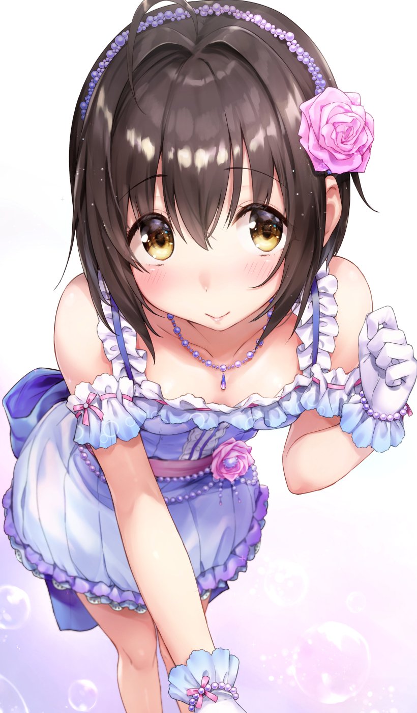 ahoge black_hair blush breasts brown_eyes bubble bvucki36gzoeq1c commentary dress eyebrows_visible_through_hair frills gloves gradient gradient_background highres idolmaster idolmaster_cinderella_girls jewelry kohinata_miho leaning_forward medium_breasts necklace short_hair smile solo
