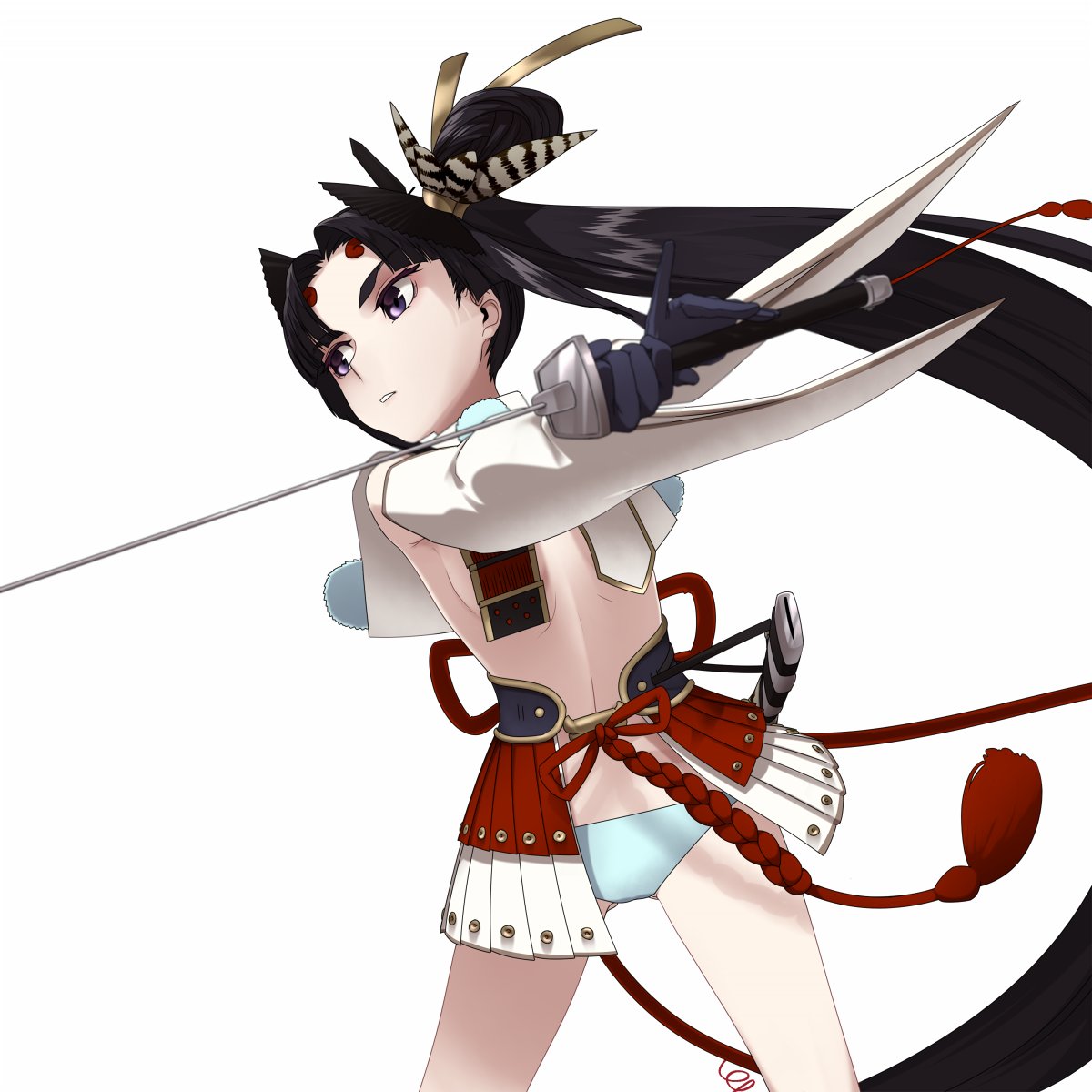 black_hair blue_eyes blue_panties breasts commentary_request cowboy_shot fate/grand_order fate_(series) highres katana long_hair navel panties shimomoto side_ponytail simple_background small_breasts sword underwear ushiwakamaru_(fate/grand_order) very_long_hair weapon white_background