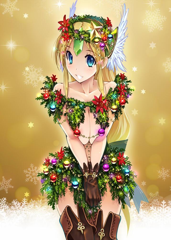 1girl :d areolae blonde_hair blue_eyes blush boots breast_squeeze breasts brown_background brown_footwear brown_gloves christmas_tree christmas_tree_costume cleavage commentary_request cowboy_shot gem glint gloves helmet jewelry large_breasts long_hair looking_at_viewer low-tied_long_hair nude open_mouth ornament riesz seiken_densetsu seiken_densetsu_3 smile snowflakes solo standing thigh_boots thighhighs very_long_hair winged_helmet
