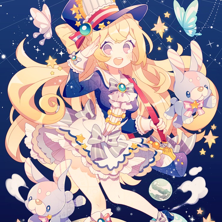 :d bag blonde_hair blue_background blue_hat blush bow breasts bug bunny butterfly constellation frills grey_bow handbag hat hat_ribbon insect md5_mismatch open_mouth original planet purple_eyes ribbon salute sample skirt small_breasts smile standing star striped striped_ribbon wakanagi_eku white_skirt