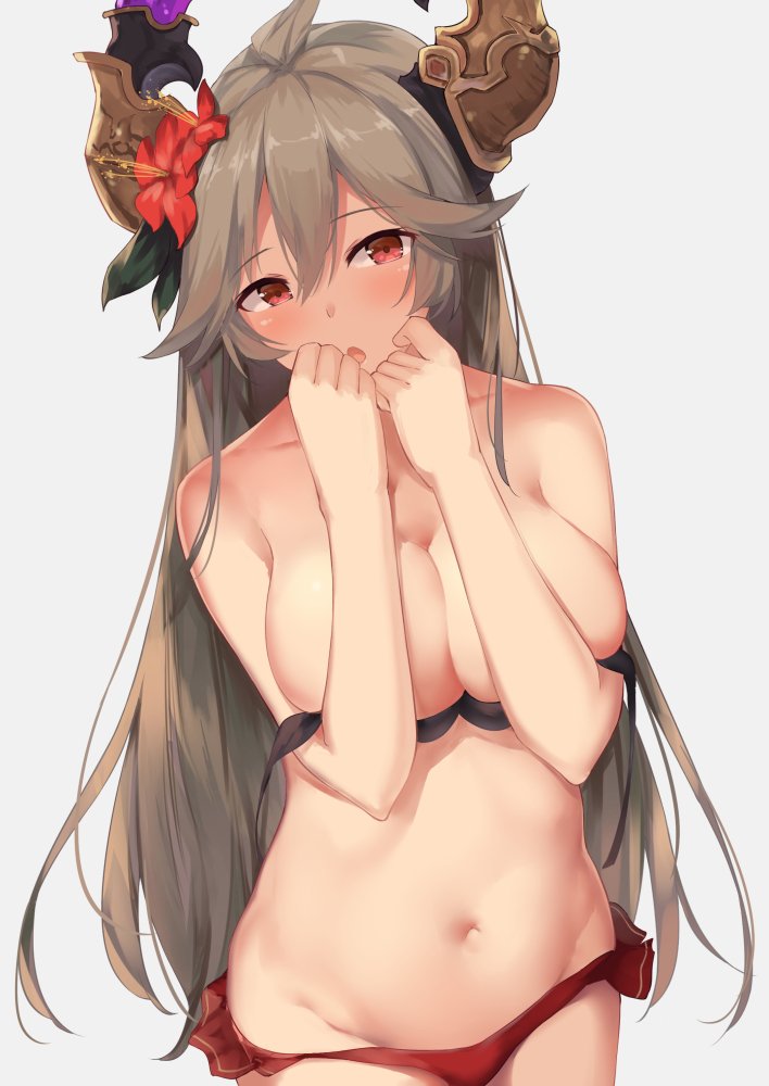 bikini bikini_top_removed black_bikini_top blush breasts cleavage commentary_request covering covering_breasts draph flower granblue_fantasy hair_flower hair_ornament horns large_breasts long_hair mismatched_bikini navel open_mouth red_bikini_bottom red_eyes silver_hair solo suzuame_yatsumi swimsuit thalatha_(granblue_fantasy) white_background