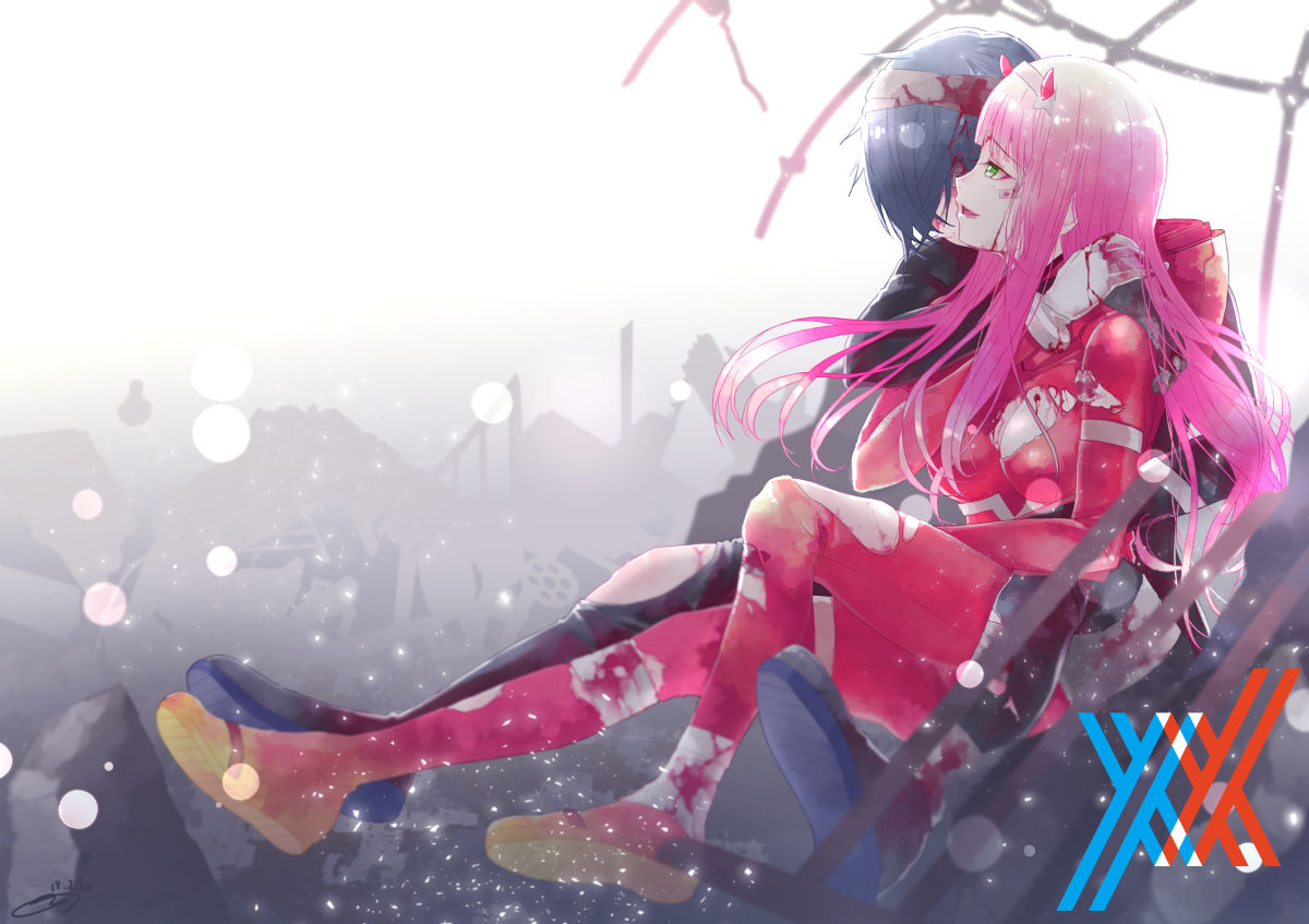 1girl bandages black_bodysuit black_hair blood bodysuit breasts commentary_request couple darling_in_the_franxx gloves green_eyes hair_ornament hairband hiro_(darling_in_the_franxx) horns hug hug_from_behind large_breasts long_hair oni_horns pilot_suit pink_hair red_bodysuit red_horns sitting sitting_on_person ssalbaram white_gloves white_hairband zero_two_(darling_in_the_franxx)