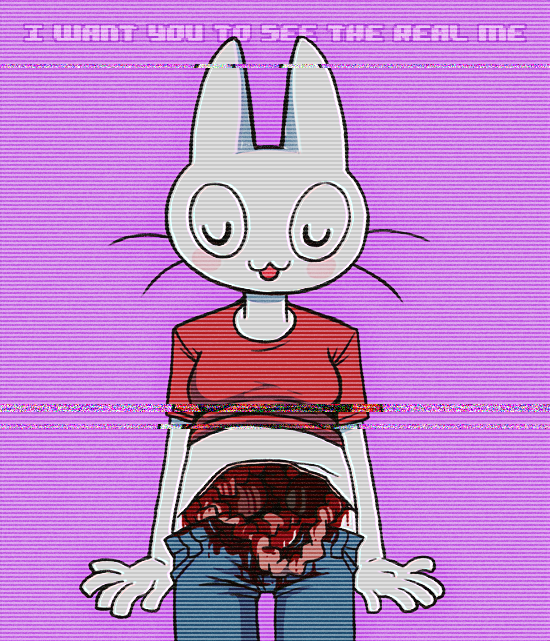 anthro blood blush clothed clothing cuteosphere dialogue english_text eyes_closed female fur gore grotesque its_just_a_flesh_wound jeans lagomorph long_ears mammal pants rabbit shirt solo text tongue