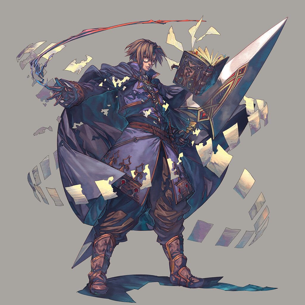 baggy_pants blue_cloak brown_hair capelet closed_mouth floating floating_book floating_object glasses holding holding_sword holding_weapon kazama_raita lezard_valeth long_sleeves looking_at_viewer male_focus pants paper simple_background solo sword valkyrie_profile valkyrie_profile_anatomia weapon
