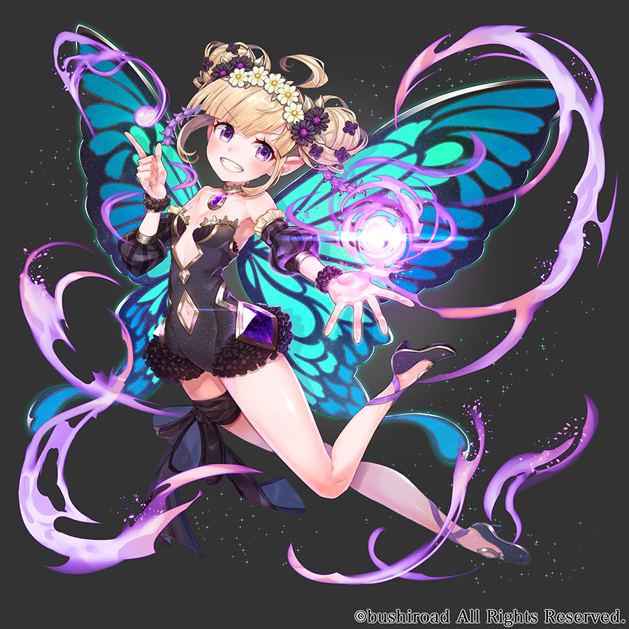 :d ahoge bangs bare_shoulders black_background black_dress black_footwear blonde_hair blunt_bangs breasts butterfly_wings detached_sleeves double_bun dress fairy flower full_body hair_flower hair_ornament head_wreath legband looking_at_viewer magic navel navel_cutout official_art open_mouth pointing pointy_ears puffy_short_sleeves puffy_sleeves purple_eyes shoes short_hair short_sleeves small_breasts smile toshi_gahara triple_monsters wings