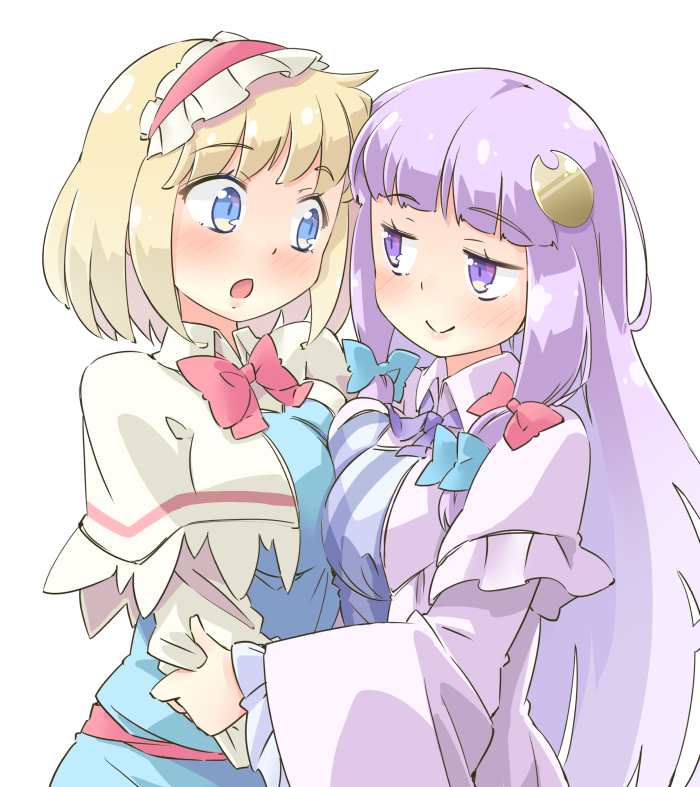 alice_margatroid arnest asymmetrical_docking bangs blonde_hair blue_bow blue_eyes blush bow bowtie breast_press breasts capelet commentary crescent crescent_hair_ornament dress eyebrows_visible_through_hair hair_bow hair_ornament hairband long_hair medium_breasts multiple_girls open_mouth patchouli_knowledge purple_eyes purple_hair red_bow short_hair simple_background smile striped striped_dress touhou white_background yuri