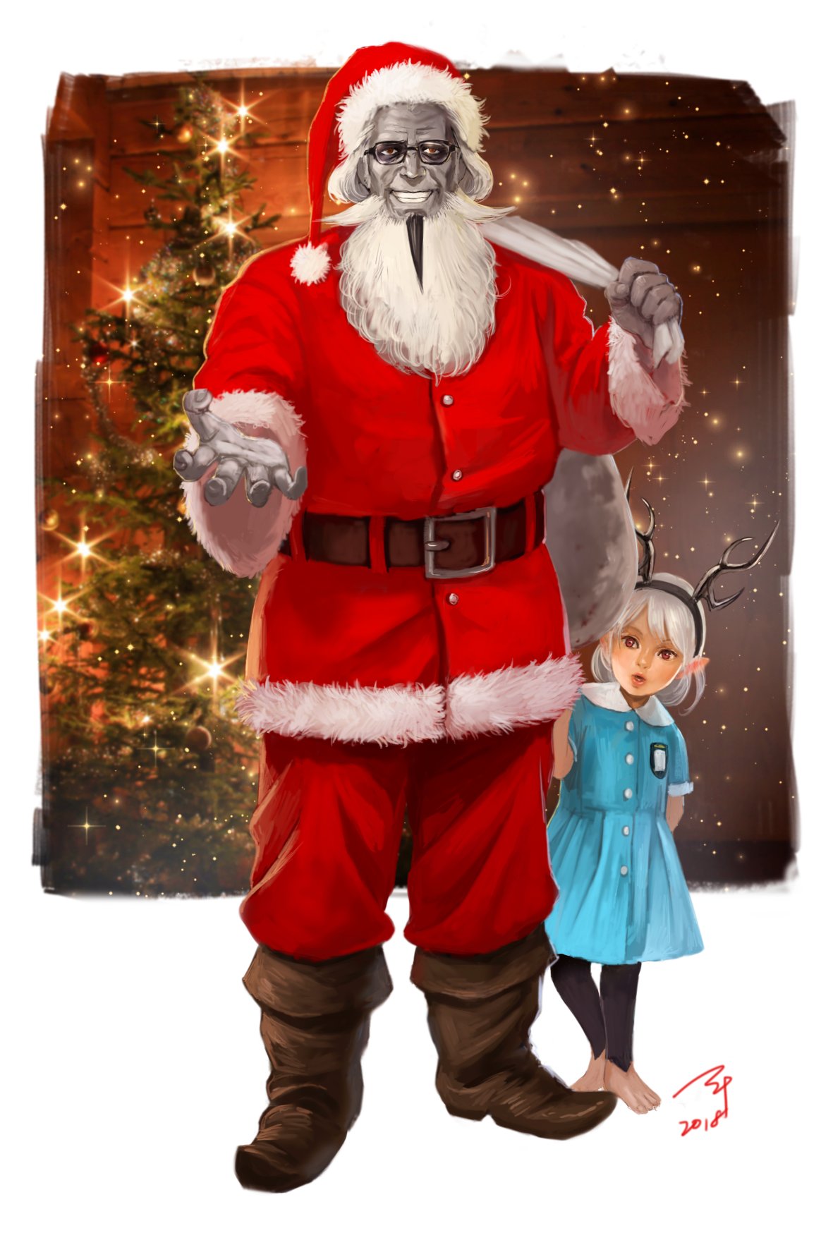 1boy 1girl beard boots christmas christmas_ornaments christmas_tree evil_grin evil_smile facial_hair female_my_unit_(fire_emblem_if) fire_emblem fire_emblem_heroes fire_emblem_if full_body garon_(fire_emblem_if) glasses gloves grey_skin grin hat highres horns ippei_soeda looking_at_viewer my_unit_(fire_emblem_if) nintendo pointy_ears red_eyes santa_boots santa_costume santa_gloves santa_hat smile white_hair