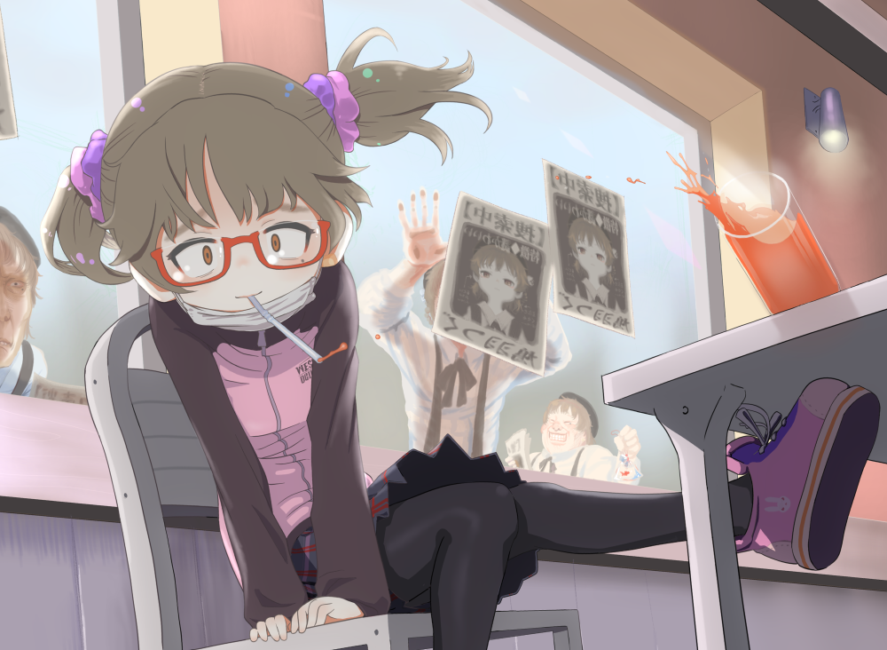 3boys arm_support bangs beret black_hat black_ribbon black_skirt blouse blush brown_eyes chair collared_shirt commentary_request cosplay fat fat_man glasses grey_hair grin hair_ornament hair_scrunchie hat hatoba_tsugu hatoba_tsugu_(character) hatoba_tsugu_(character)_(cosplay) hiding jacket long_sleeves mole mole_under_eye multiple_boys naoni_(boostkusaya) neck_ribbon pantyhose pleated_skirt poster_(object) purple_scrunchie red-framed_eyewear ribbon scrunchie shirt shoes short_hair sitting skirt smile sneakers suspender_skirt suspenders table tied_hair twintails virtual_youtuber white_blouse white_shirt