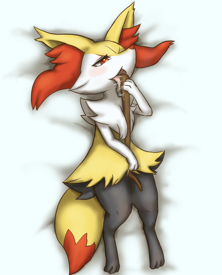 2013 anthro black_fur blush braixen female fur licking lying nintendo ohakotome on_back open_mouth paws pok&eacute;mon pok&eacute;mon_(species) red_eyes red_fur red_nose saliva solo stick suggestive tongue tongue_out video_games white_fur yellow_fur