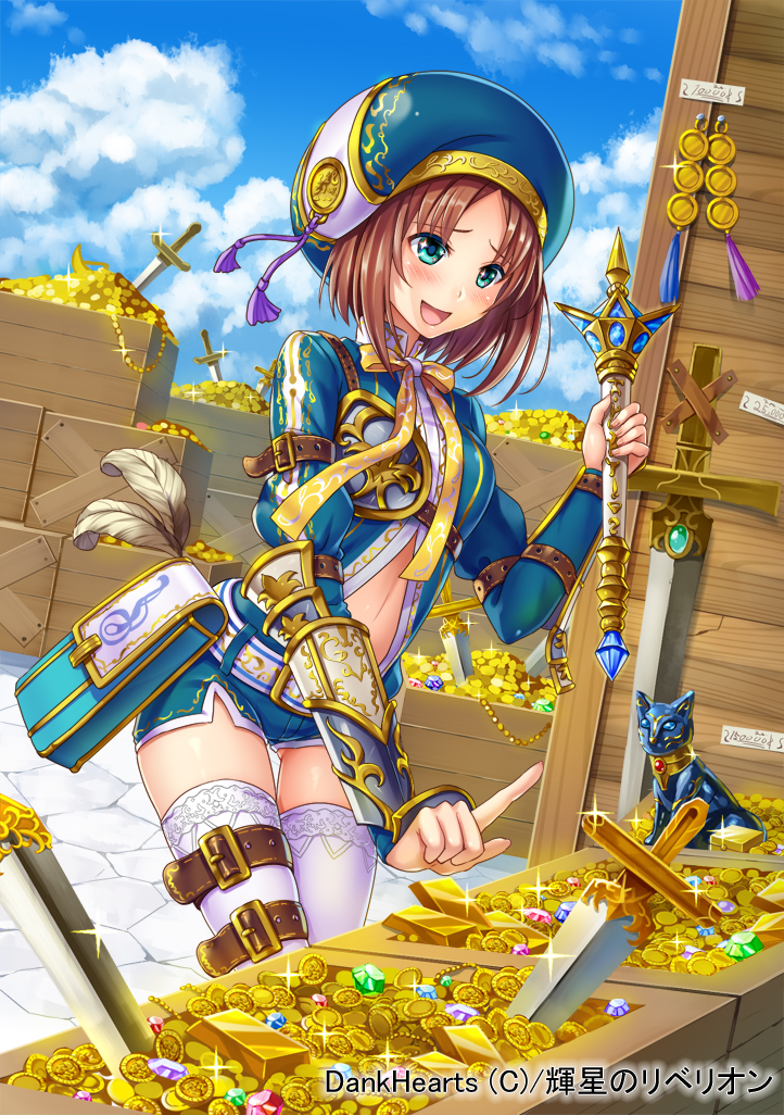 :d arm_belt belt blue_eyes blue_sky blush box bracer brown_hair cloud coin crate day dutch_angle feathers gem glint gold_bar hat index_finger_raised knife marco_polo_(rebellion) medium_hair official_art open_mouth original otosume_ruiko outdoors planted_weapon pouch puffy_sleeves scepter short_shorts shorts sky smile sparkle statue sword thigh_strap treasure weapon white_legwear