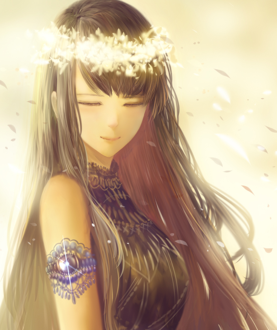 bangs bare_shoulders brown_hair closed_eyes closed_mouth commentary_request dress facing_viewer glint head_wreath jewelry light_particles long_hair md5_mismatch original petals sakimori_(hououbds) smile solo upper_body yellow_background