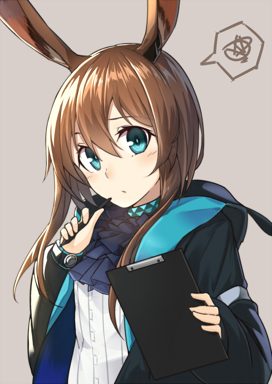 amiya_(arknights) animal_ears arknights bangs black_jacket blue_eyes blush brown_background clipboard closed_mouth eyebrows_visible_through_hair hair_between_eyes head_tilt highres holding holding_clipboard holding_pen jacket long_hair long_sleeves looking_at_viewer mag_(mag42) open_clothes open_jacket pen shirt sidelocks simple_background solo spoken_squiggle squiggle white_shirt