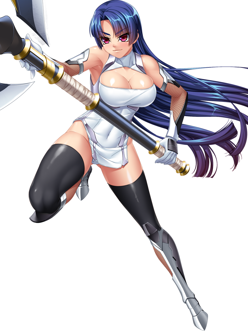 00s 1girl axe bare_shoulders battle_axe black_legwear blue_hair bodysuit boots breasts cleavage covered_navel curvy dress elbow_gloves female full_body gloves highres holding holding_weapon huge_weapon kagami_hirotaka large_breasts lilith-soft long_hair looking_at_viewer no_bra panties pelvic_curtain pink_eyes ponytail red_eyes shiny shiny_skin short_dress simple_background smile solo standing taimanin_(series) taimanin_asagi taimanin_asagi_battle_arena taimanin_asagi_zero taimanin_murasaki thighhighs underwear weapon yatsu_murasaki