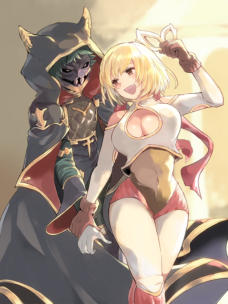1girl :d animal_ears blonde_hair breasts commentary_request djeeta_(granblue_fantasy) erune granblue_fantasy hood large_breasts leotard mask open_mouth sayuco short_hair six_(granblue_fantasy) smile wrestler_(granblue_fantasy) wrestling_mask wrestling_outfit