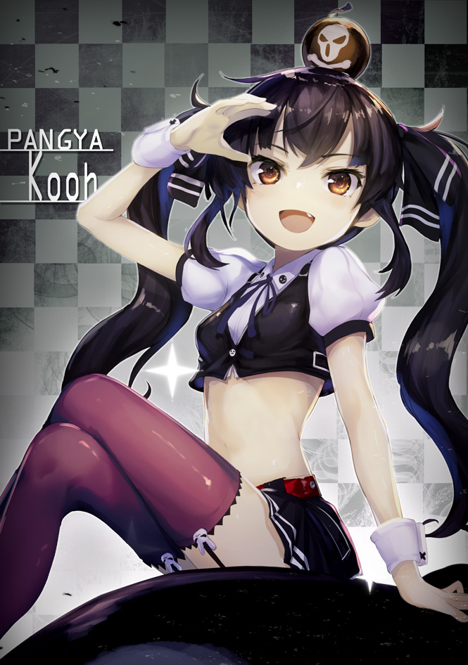 :d arm_up bangs black_hair blush bomb breasts brown_eyes checkered checkered_background cropped_shirt cropped_vest crossed_legs eyebrows_visible_through_hair fang garter_straps kooh long_hair looking_at_viewer midriff miniskirt minutachi open_mouth pangya puffy_short_sleeves puffy_sleeves purple_legwear revision short_sleeves sitting skirt small_breasts smile solo thighhighs twintails very_long_hair wrist_cuffs zettai_ryouiki
