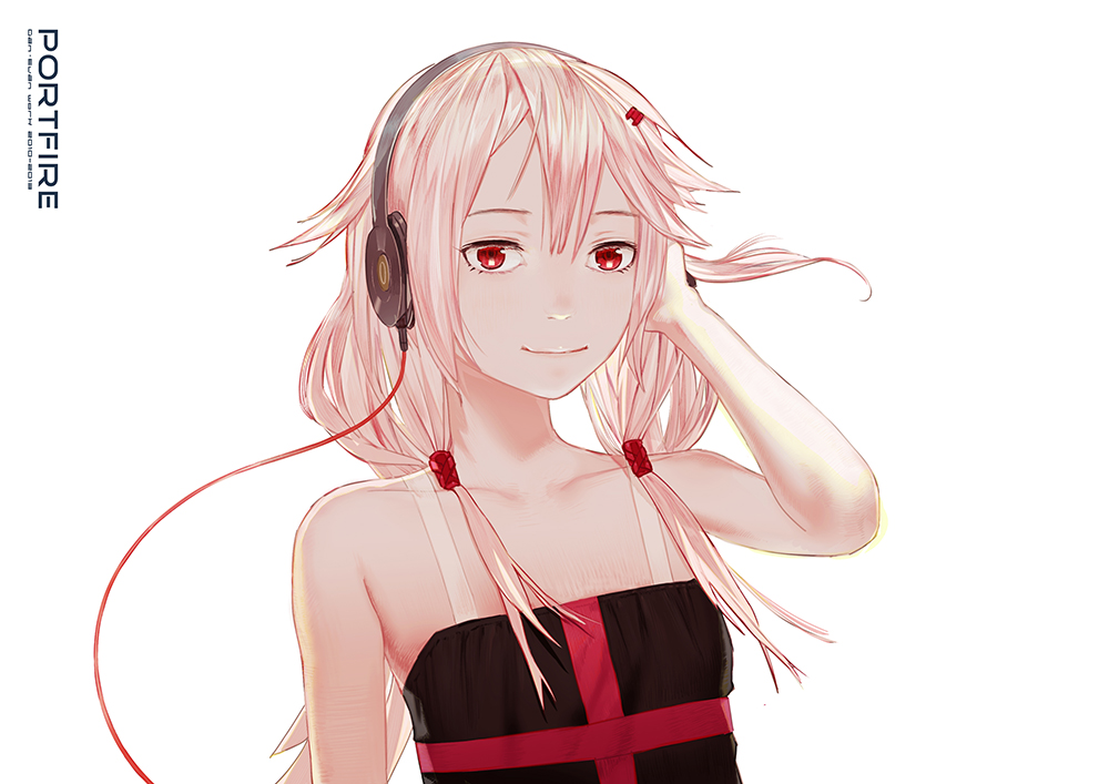 bangs closed_mouth dress el-zheng guilty_crown hair_flaps hair_ornament hairclip hand_up headphones long_hair looking_at_viewer low_twintails pink_hair red_eyes simple_background smile solo twintails upper_body white_background yuzuriha_inori