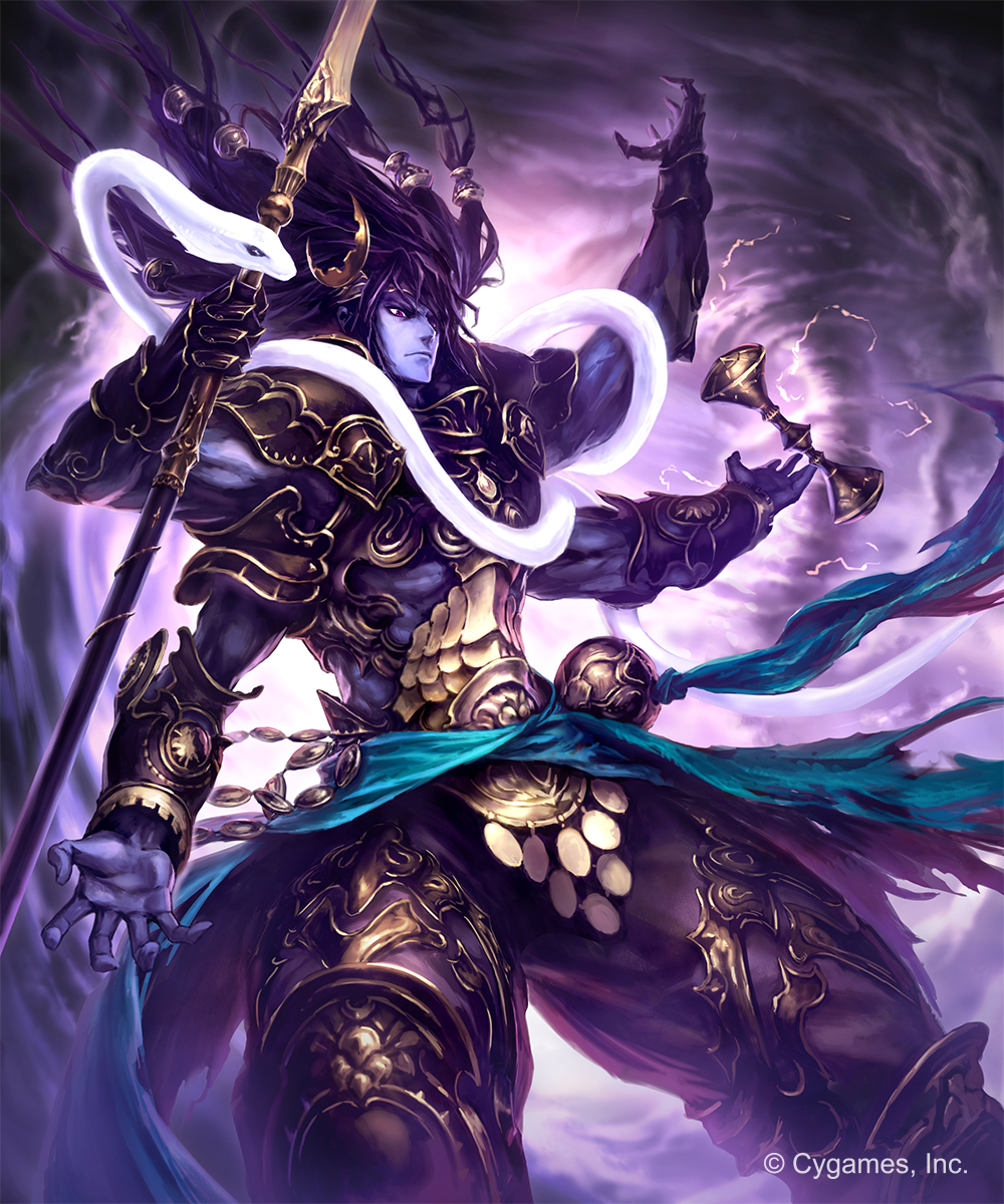 armor blue_skin cloud cloudy_sky floating_hair gauntlets granblue_fantasy hair_ornament highres hisakata_souji holding holding_weapon long_hair male_focus multiple_arms night outdoors outstretched_arms polearm purple_hair shiva_(granblue_fantasy) sky solo spear tornado weapon